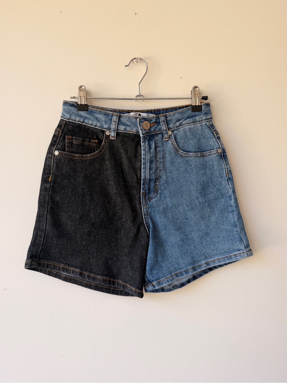 FLYING ANGEL Two-Tone Black & Light Blue High-Waist Denim Shorts